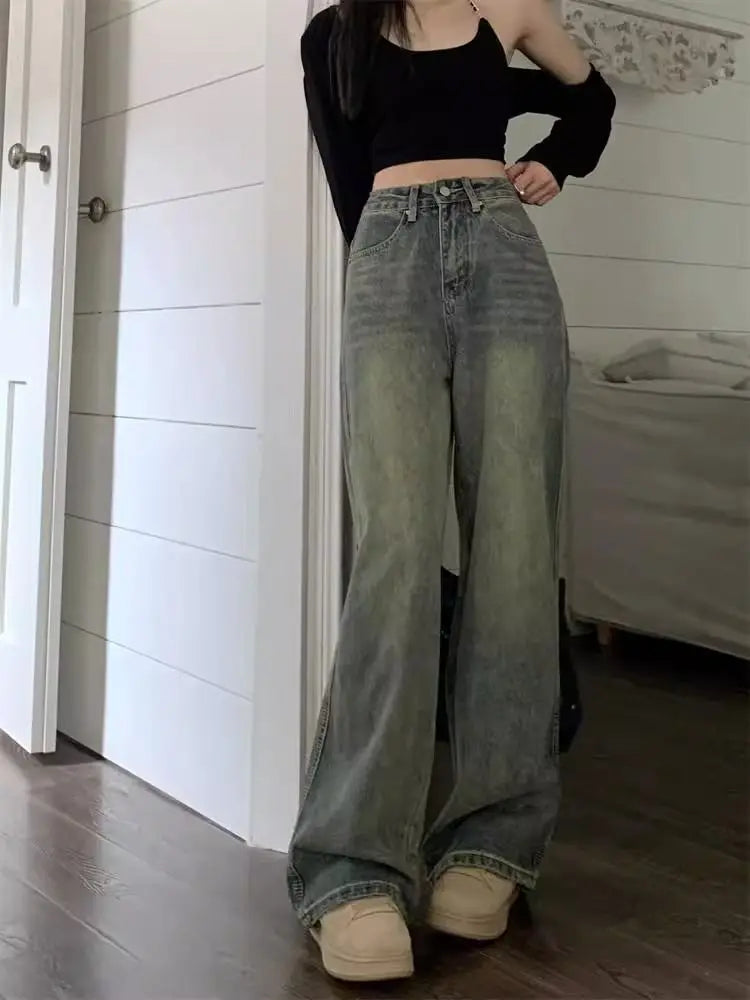 Aiertu  Vintage Washing Y2k Baggy Denim Pants Women  2024 Spring Fashion High Waist Wide Leg Jeans Trouser Casual Streetwear Aiertu