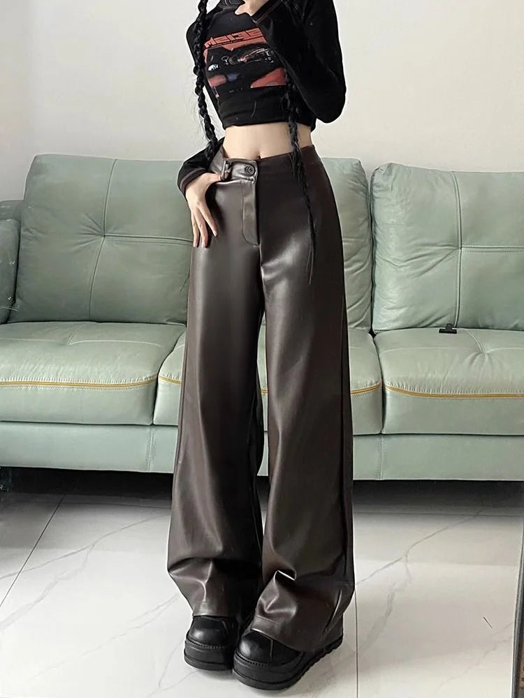 Aiertu PU Leather Straight Pant Black Women Autumn Wide Leg Leather Baggy Pants High Waist Casual Streetwear Loose Trousers Aiertu