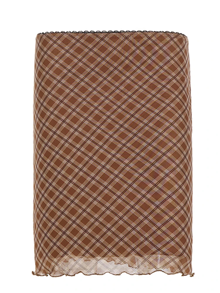 AIERTU  -  Plaid Midi Skirt High Waist Mesh A Line Skirt Brown Checkered Lace Trim Wavy Hem Vintage Streetwear Ladies Skirt Aiertu