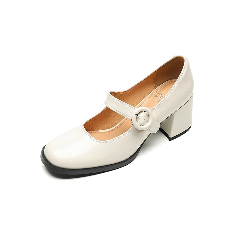 Women Pumps Thick Heels Spring Patent Leather Mary Janes Genuine Leather Round Toe Buckle Strap Retro Office Lady Shoes Woman Aiertu