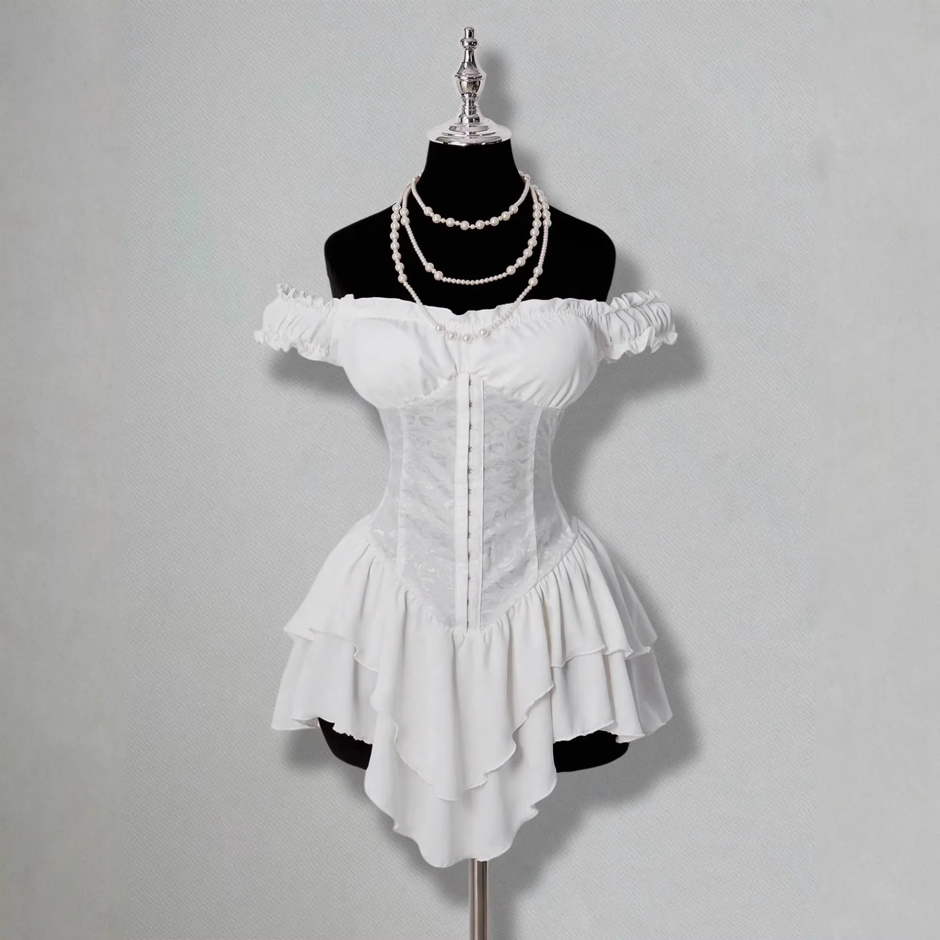 AIERTU  -  Women Dress A-line Lace Splicing Multi-layer Ruffle Edge Short Sleeve Off Shoulder High Waist Slim Solid Color Simple Mini Dress Aiertu