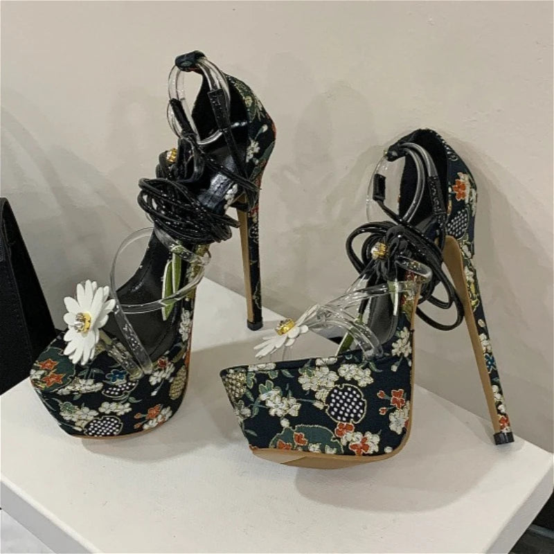 AIERTU  -  Flower Sexy Super High Heels Shoes Women Pvc Ankle Cross Straps Party Dress Shoe Fashion Vacation Novelty Platform Sandals Women Aiertu
