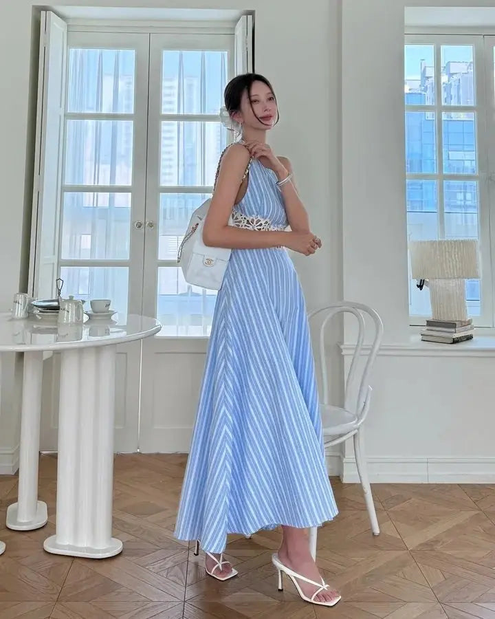 AIERTU  -  Women Dress Striped Pattern Waist Hollow Lace Splicing Backless Sleeveless Vest A-line Round Neck High Waisted Casual Long Dress Aiertu