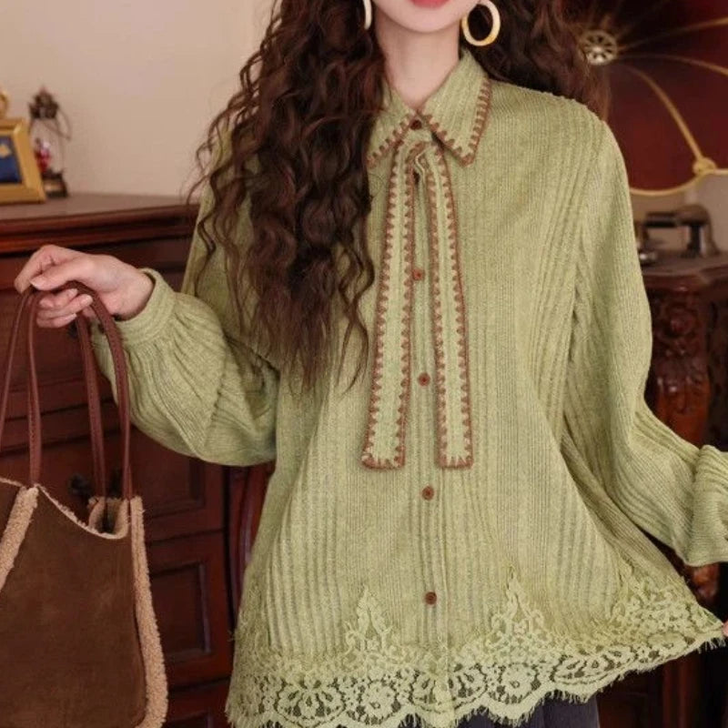 AIERTU  -  Vintage Hong Kong Style Women Knit Shirt Autumn Winter Bow Tie Lace Hem Loose Casual Long Sleeve Inner Blouse Aiertu