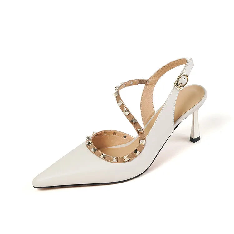 Aiertu NEW Summer/Spring Women Shoes Pointed Toe Thin Heel Sandals Rivet High Heels Concise Genuine Leather Shoes Dress Shoes for Women Aiertu