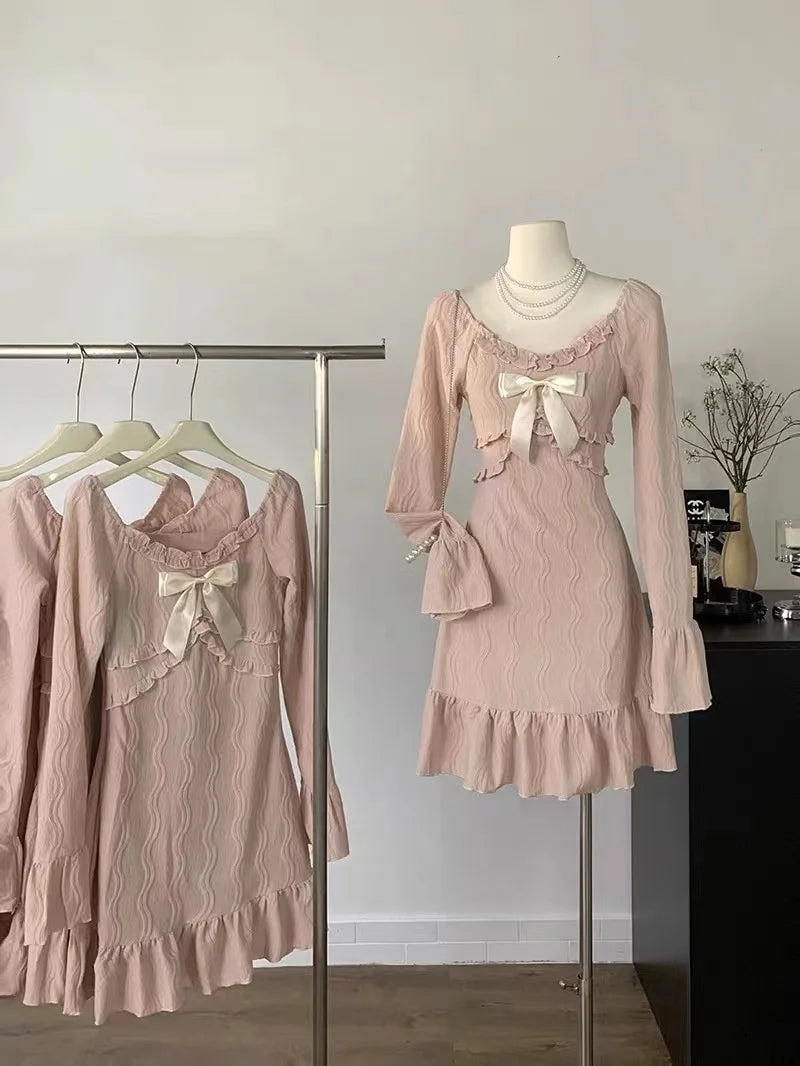 Summer Pink Sweet Slim Y2k Mini Dress Woman French Elegant Flare Sleeve Dress Party Casual One Piece Dress Korean Fashion Aiertu