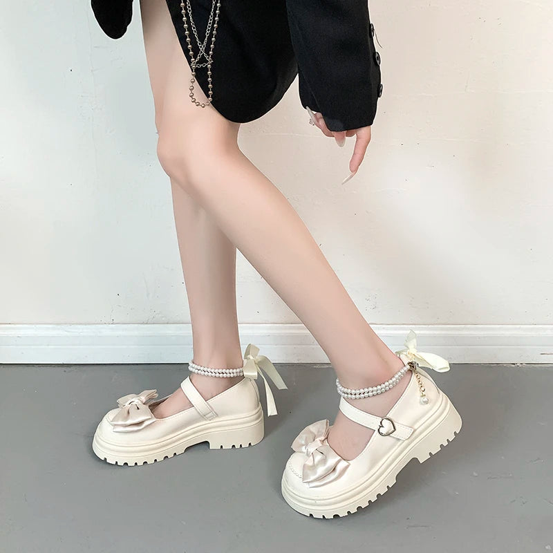 Aiertu Back  to school Sweet cool small leather shoes new summer lightweight muffin bow thick sole JK single shoes Aiertu