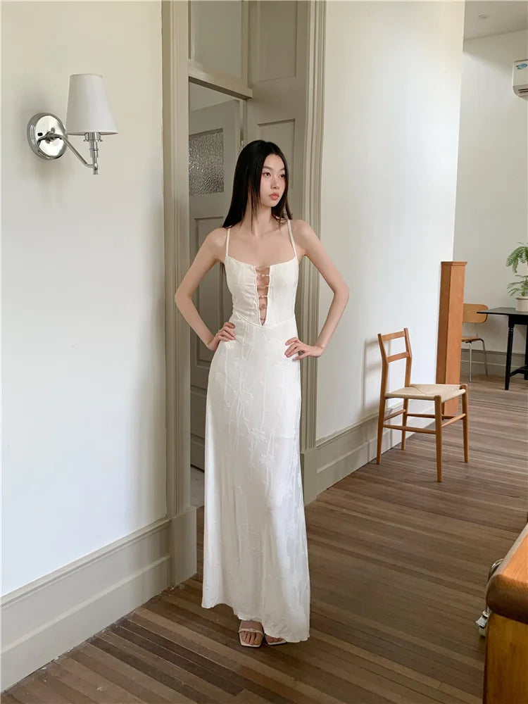 AIERTU  -  Women Dress New Chinese Style Patterned Chest Bead Hollow Out Backless Sleeveless High Waist Slim Vacation Sling Long Dresses Aiertu