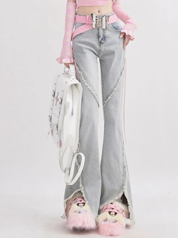 Aiertu Summer Denim Vintage Sweet Pants Women Slim Lace-up Korean Casual Flare Pants Female Japanese France Elegant Open Fork Jeans New Aiertu