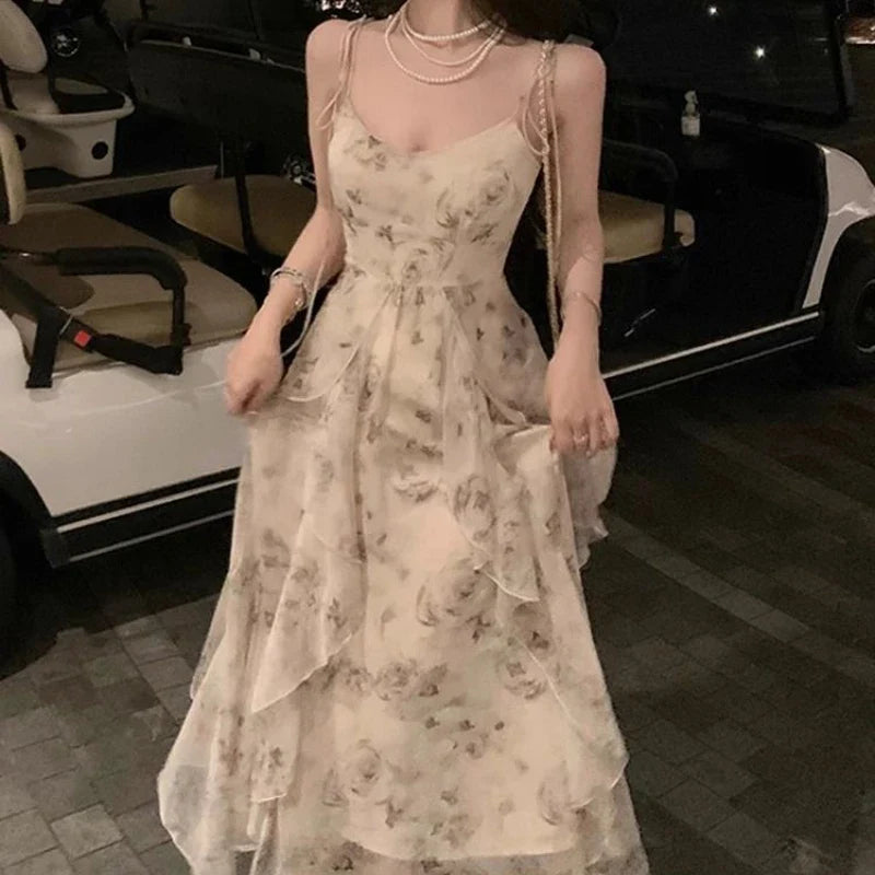 Aiertu Elegant Holiday Dresses for Women Long Floral Chiffon Midi Dress Sleeveless Vintage Dress Fairy Slim Party Casual aiertu