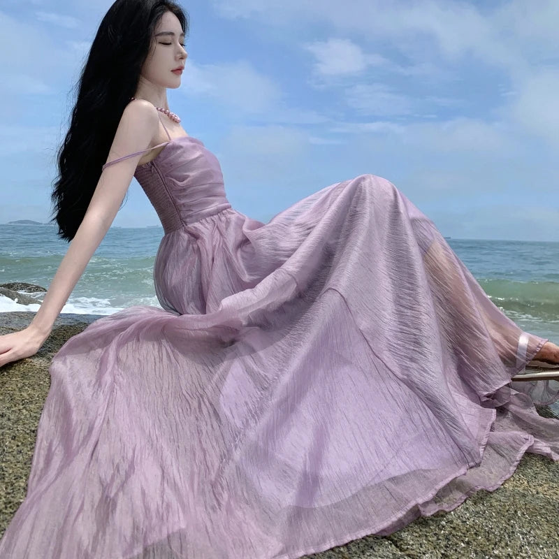 Aiertu Summer Purple Fairy Evening Party Long Dress Women Vintage Sexy Dresses Ladies Spaghetti Strap Tulle Pleated Dress Backless New Aiertu