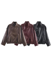 AIERTU  -  Solid Leather Moto Jacket For Women Winter Turtleneck Retro Coats Fashion Asymmetry Elegant Vintage PU Jackets New Aiertu