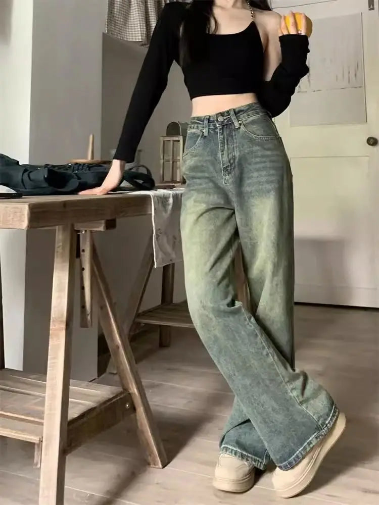Aiertu  Vintage Washing Y2k Baggy Denim Pants Women  2024 Spring Fashion High Waist Wide Leg Jeans Trouser Casual Streetwear Aiertu