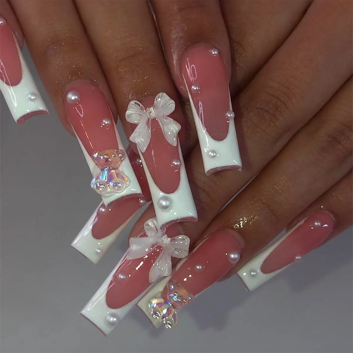 Aiertu 24Pcs Long Ballet False Nails with Bow Designs Pink Coffin Press on Nails Wearable French Fake Nail Full Cover Manicure Tips Aiertu