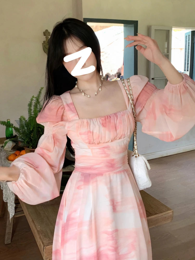 Aiertu Chiffon Long Sleeve Floral Midi Dress Chic French Slim Elegant Women Dress Casual Fashion Beach Style Office Lady Dresses Aiertu