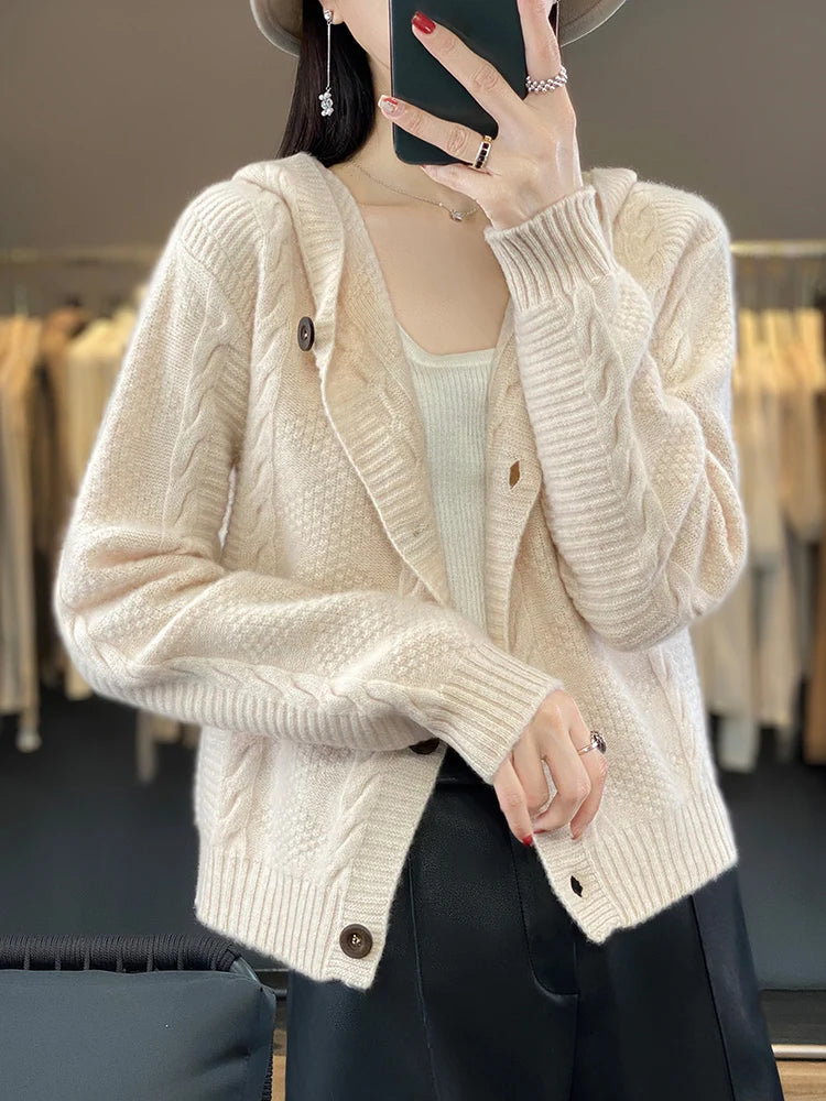 Women's Cardigan Autumn Winter High Quality Soft 100% Merino Wool Sweater Twist Flower Cashmere Knitted Hoodie Korean Aiertu