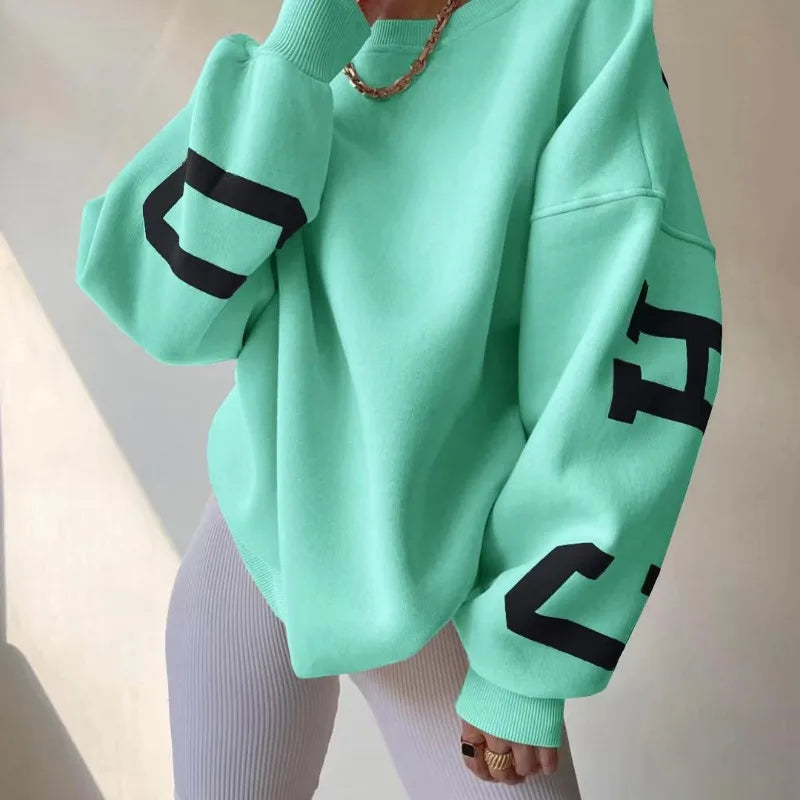 Aiertu Autumn and Winter Women's Pullover Round Neck Loose Letter Print Screw Thread Long Sleeve Underlay Fashion Casual Commuter Tops Aiertu