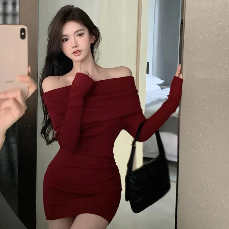 Aiertu DRESS TO IMPRESS Elegant Beautiful Women's Bodycon Dresses Slim Fitting Solid Color Fashion Autumn Off Shoulder Wrap Dress Dresses Winter aiertu