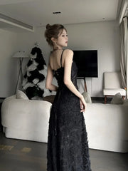 Aiertu Black Sexy Party Midi Dress Women Summer See-through Strap Y2k Dress Female Lace Chic Korean Fashion Slim Vintage Dress 2024 New Aiertu