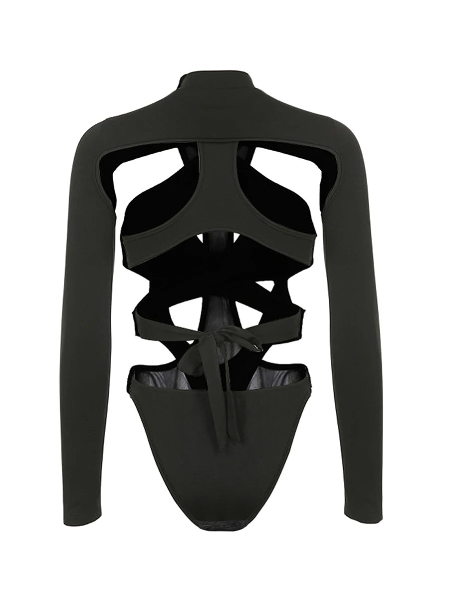 AIERTU  -  Women Slim Jumpsuit Long Sleeve Mock Neck Sheer Mesh Leotard Top Cut Out Bodysuit Rave Party Club Skinny Crop Top Female Outfit Aiertu