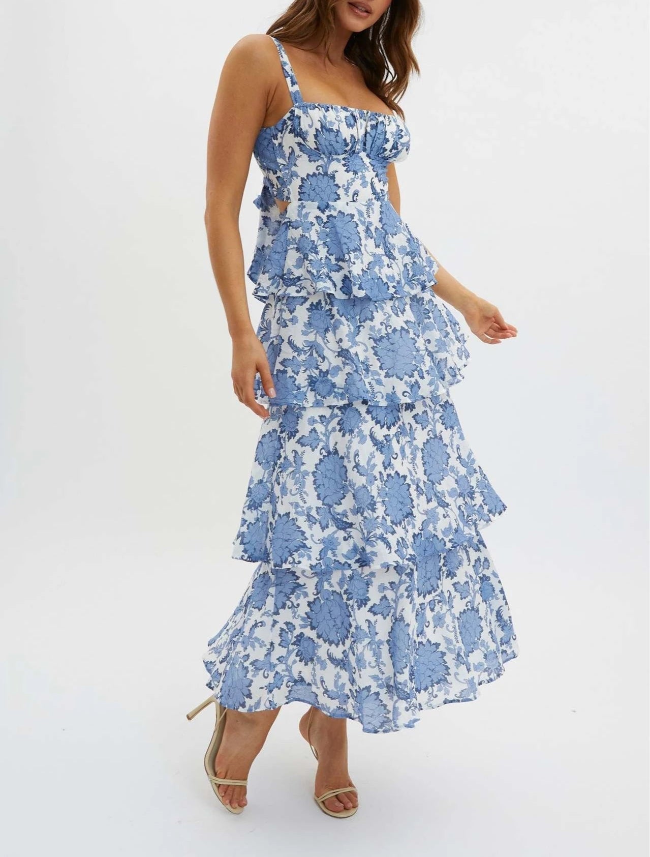 AIERTU  -  Cake Dress Floral Printed Sleeveless Straps U Neck Tank A Line Slim Waist Strap Tierred Holiday Beach Summer Long Dress Women Aiertu
