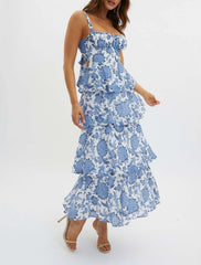 AIERTU  -  Cake Dress Floral Printed Sleeveless Straps U Neck Tank A Line Slim Waist Strap Tierred Holiday Beach Summer Long Dress Women Aiertu