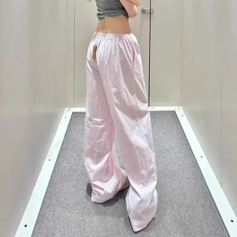 AIERTU  -  New Ins Korean Style Pink Striped Wide Leg Pants Women High Waist Loose Plus Size Casual Long Pants Summer Lounge Trousers Aiertu