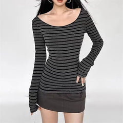 Aiertu Y2K Grunge Emo 00s Vintage T-Shirt Black Grey Striped Off Shoulder Long Sleeve Jumper Top Chic Women Autumn Retro Goth Tee Shirt aiertu