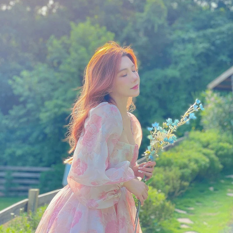 Aiertu Vintage Floral Sweet Midi Dress Women Irregular Elegant Puff Sleeve Fairy Dress Female Autumn Casual Beach Party Dress Chic Aiertu