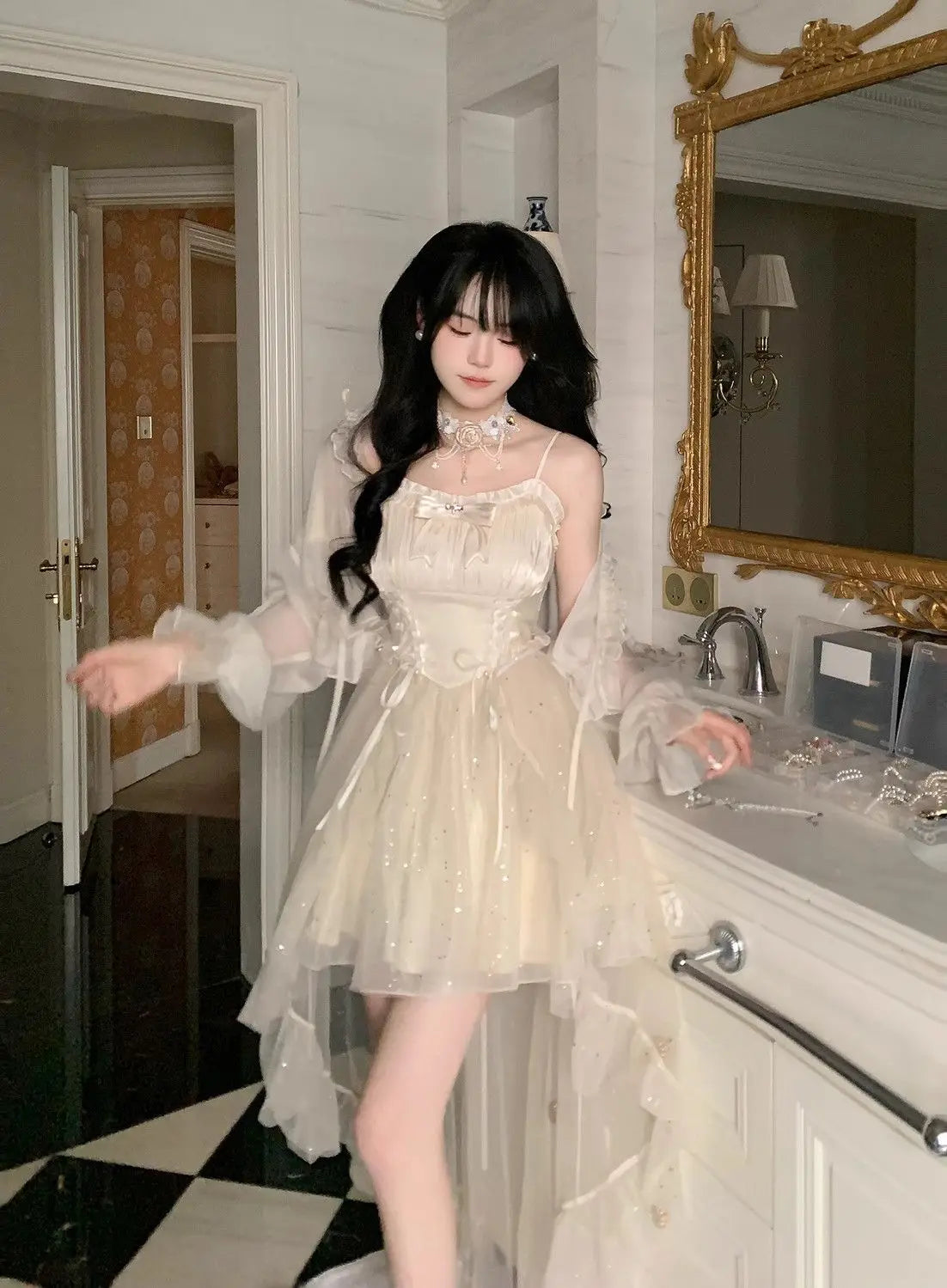 Aiertu Sweet Japanese Sequined Slip Dress Women Mesh Patchwork Sexy Princess Mini Dress Female 2024 Summer Casual Elegant Party Dresses Aiertu