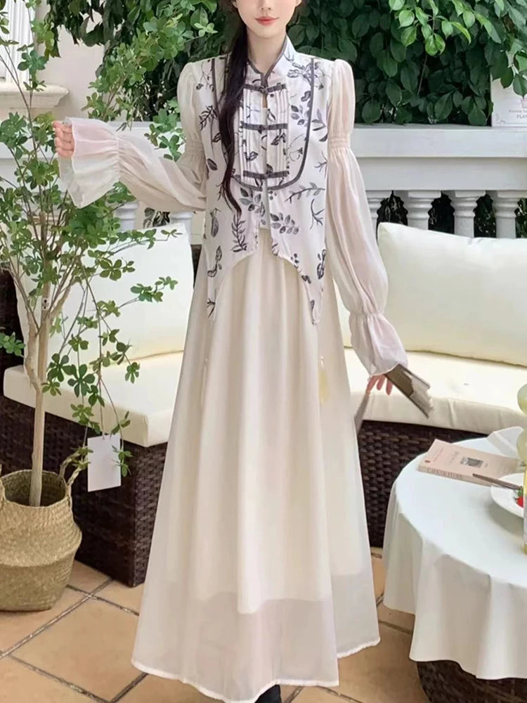 Aiertu Vintage Floral 2 Piece Dress Sets Women Button Chic Korean Printing Shirt+solid Elegant Midi Skirt 2024 Autumn Casual Dress Sets Aiertu