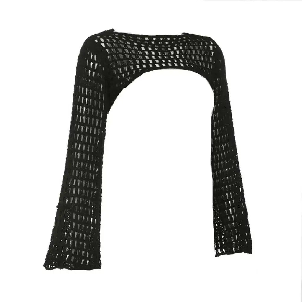 Aiertu Women Y2k Crochet Knit Hollow Out Crop Top Long Flared Sleeve Shrug Sweater Mesh Cover Ups Cardigan Streetwear Pullover Women Aiertu
