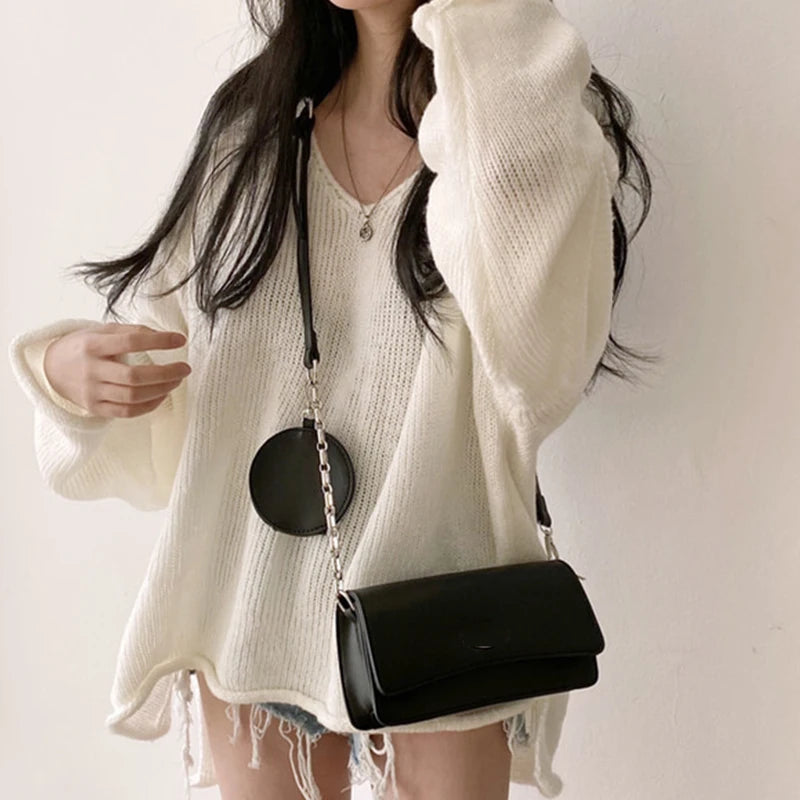 Autumn Winter Women Solid Casual Loose Warm Sweater V-Neck For Women Long Sleeve Split Irregular Jumpers Knit Pullovers Aiertu