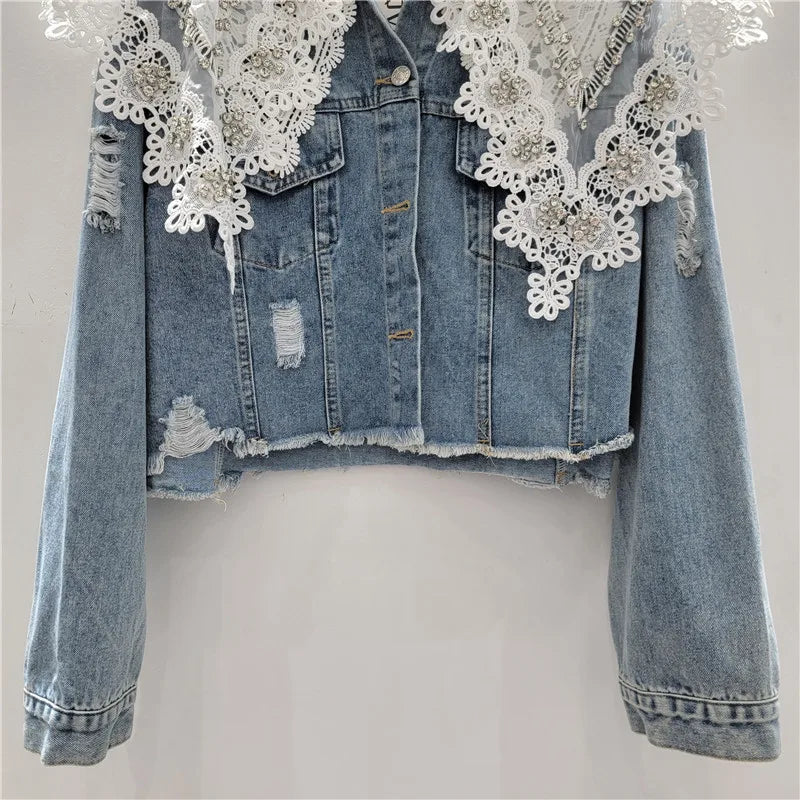AIERTU  -  Lace Patchwork Denim Jackets Women Spring Autumn Korean Fashion Vintage Jaqueta Feminina Sweet Elegant Outwears Aiertu