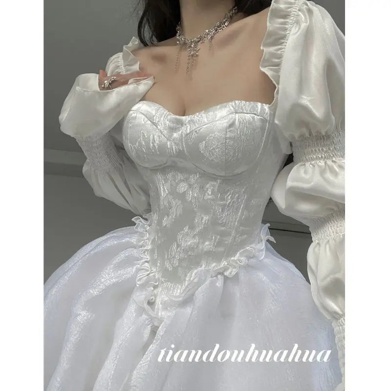 Aiertu 2024 Summer Fairy Long Sleeve Even Party Dress Woman White French Elegant Midi Dress Casual One Piece Dress Korean Fashion Aiertu