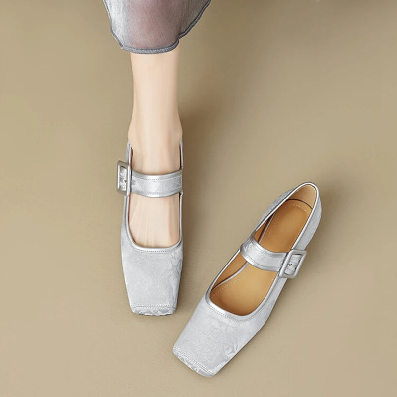 Aiertu NEW Spring/Autumn Women Pumps Square Toe Chunky Heel Shoes Satin Shoes for Women Elegant Low Heel Buckle Black Mary Jane Shoes Aiertu