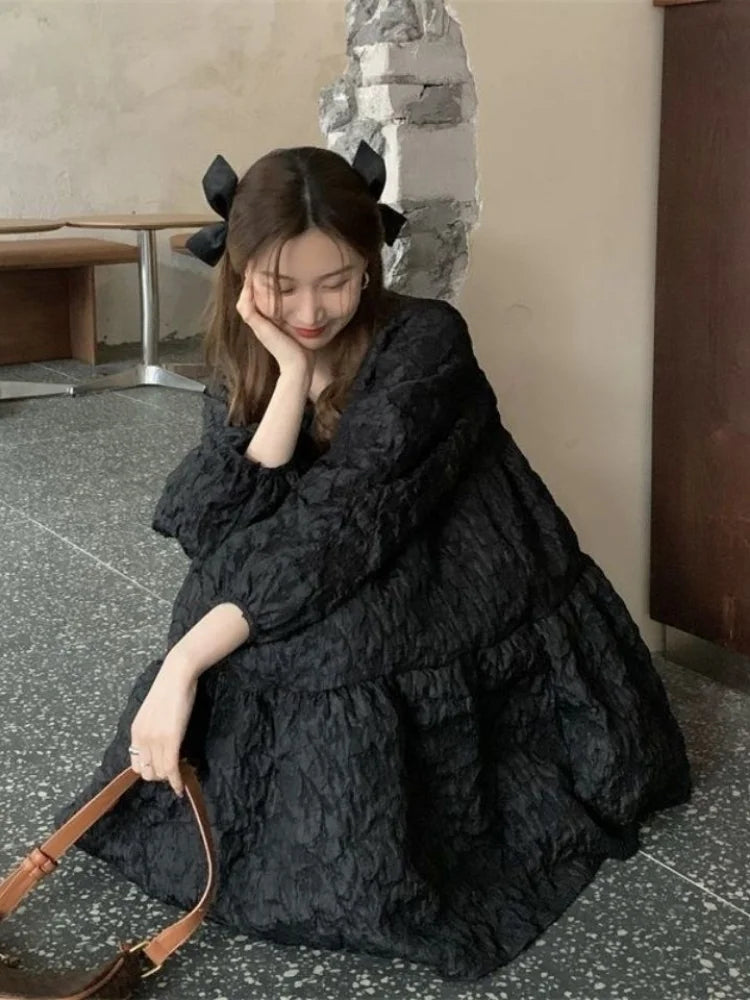 Aiertu Gothic Harajuku Oversized Black Dress Women Goth School Student Long Sleeve Short Dresses Autumn Korean Fashion Kpop Aiertu
