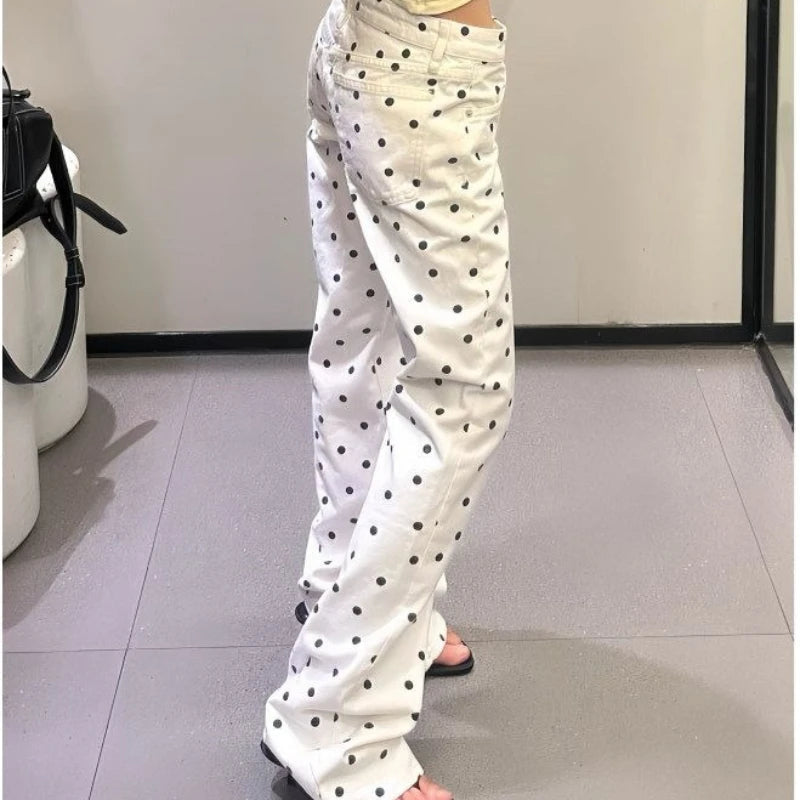 AIERTU  -  Women Polka Dot Jeans Low Rise Baggy Wide Leg White Y2K Vintage Retro Floor Length Pants Loose Straight Casual Street Style Aiertu