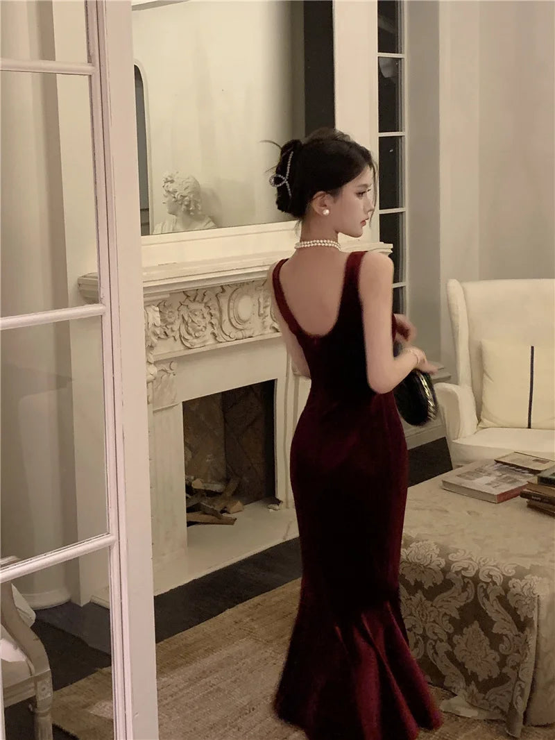 AIERTU  -  French Style Vintage Wine Red Camisole Long Dress Elegant Women Spring Autumn Solid Slim Mermaid Ladies Evening Party Robe New Aiertu