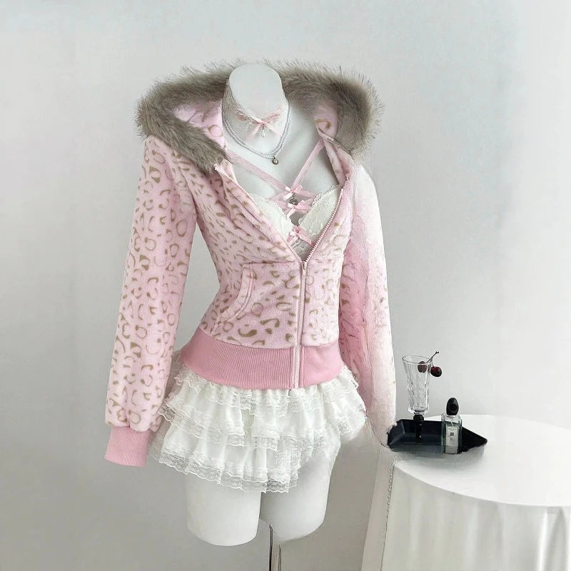 AIERTU  -  Y2k Women's Leopard Zip Up Hoodie Faux Fur Collar Plush Sweatshirts Slim Fit Cropped Vintage Warm Autumn Winter Jackets Aiertu