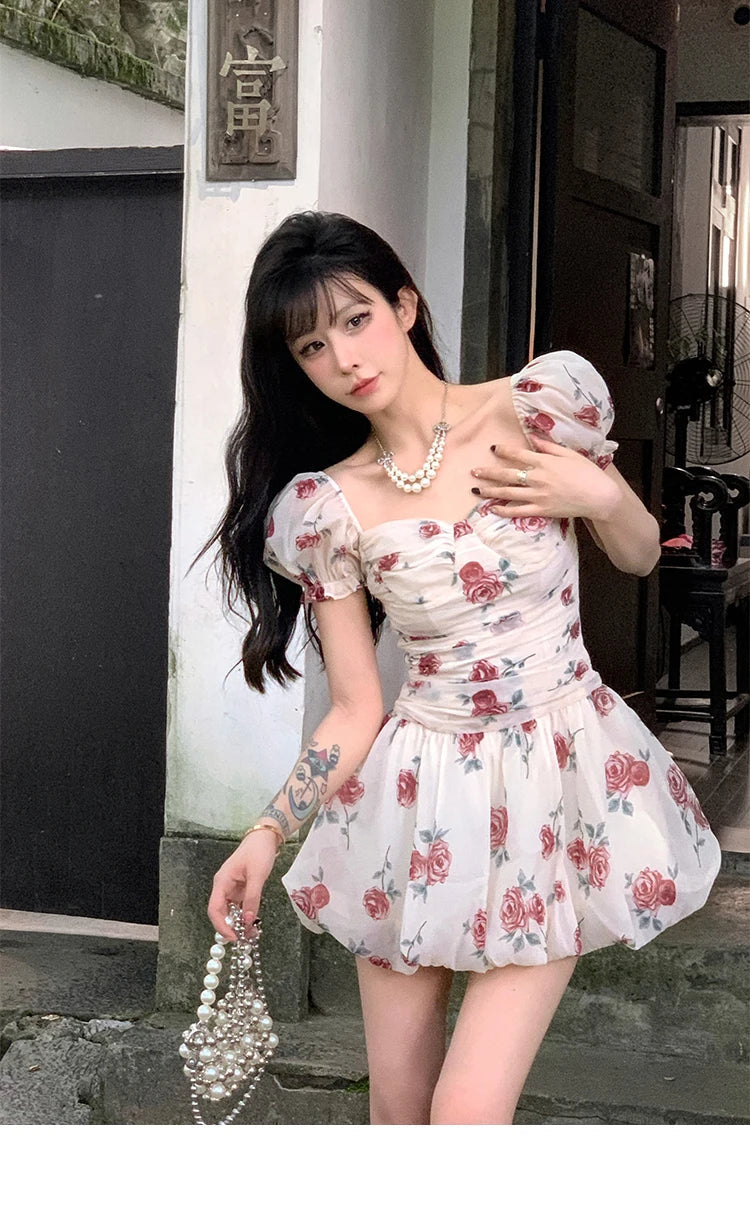 Aiertu Sweet Floral Sexy Strap Dress Women Folds Designer Casual  Mini Fairy Dress Female 2024 Summer Puff Sleeve Korean Princess Dress Aiertu