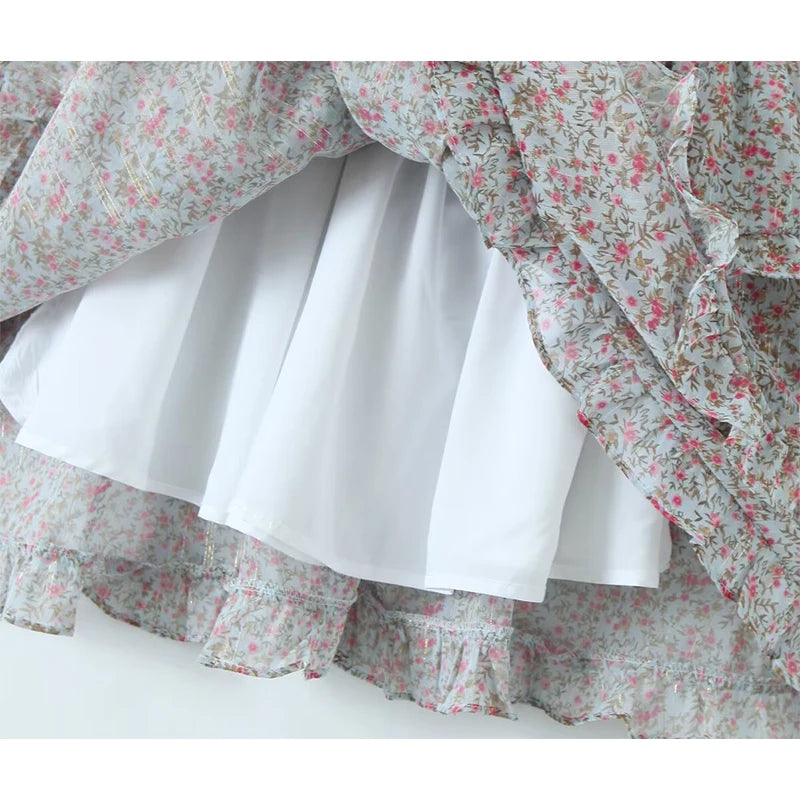 Aiertu  Spring 2024 Women Sexy Backless Floral Print Dress Puff Sleeve V Neck Layered Ruffle Cake Mini Dresses Holiday Party Robe Aiertu