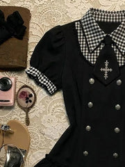 AIERTU  -  Summer Gothic Dark Plaid Design Sweet Cool Lace Splicing Grid Short Sleeve Pleate Dresses Women Y2k Trendy Double-Breasted Dress Aiertu