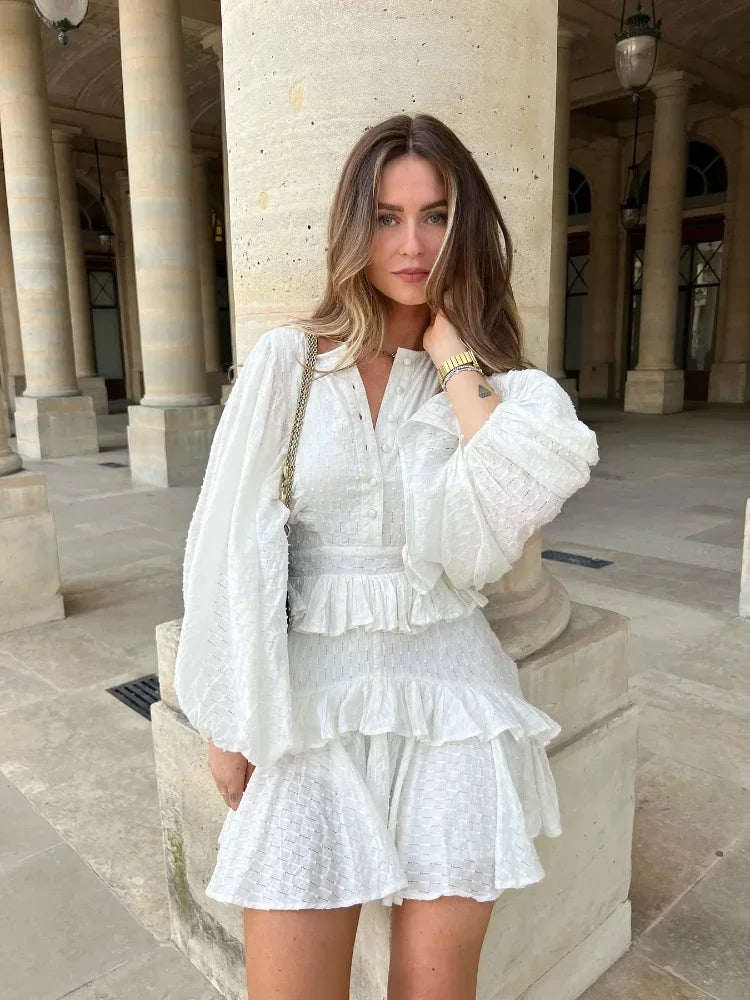 Aiertu Elegant Solid Ruffles Spliced Mini Dress For Women O Neck Long Lantern Sleeve Pleated Vestidos Summer Lady Party Street Dresses Aiertu