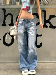 Aiertu Women American Vintage Y2k Japanese Harajuku Streetwear Baggy Low Rise Denim Pants Long Trousers 2000s Aesthetic Jean Kpop Punk Aiertu