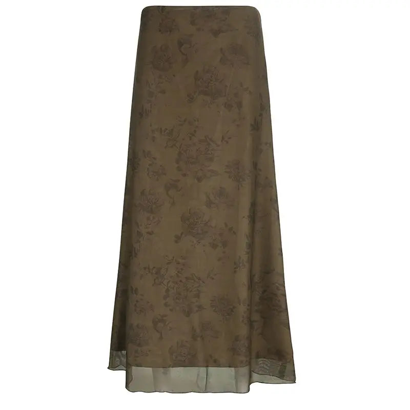 Aiertu Vintage Long Skirt Women Floral Print Low Rise Ladies Midi Skirts Y2K High Street Retro Aesthetic Casual Mesh Skirts Aiertu