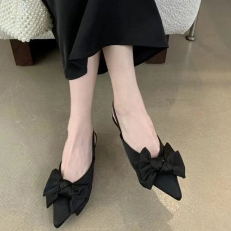 New Summer Luxury Bow Tie Purple Sandals for Women Silk Fairy Style Pointed Flat Bottomed Singles Shoes French Flat Aiertu