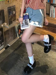 Aiertu Japanese Lolita Soft Girl Denim Shorts Female Student Spring Summer High Waist Lace Bow A- Line Wide Leg Shorts Jeans Hot Pants Aiertu