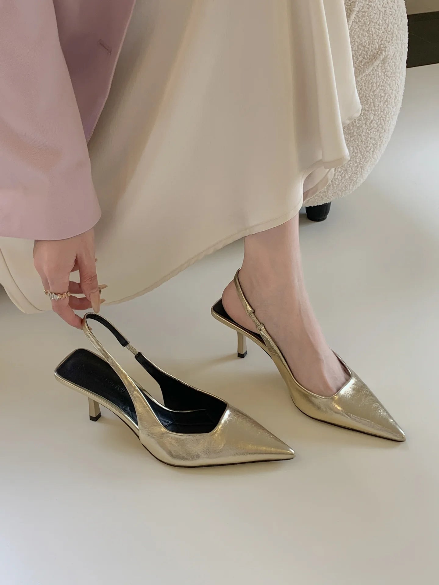 Elegant Low Heeled Sandals Women Kitten Heels Spring Summer Gold Pumps Pointed Toe Wedding Office Ladies Shoes Slingback Aiertu