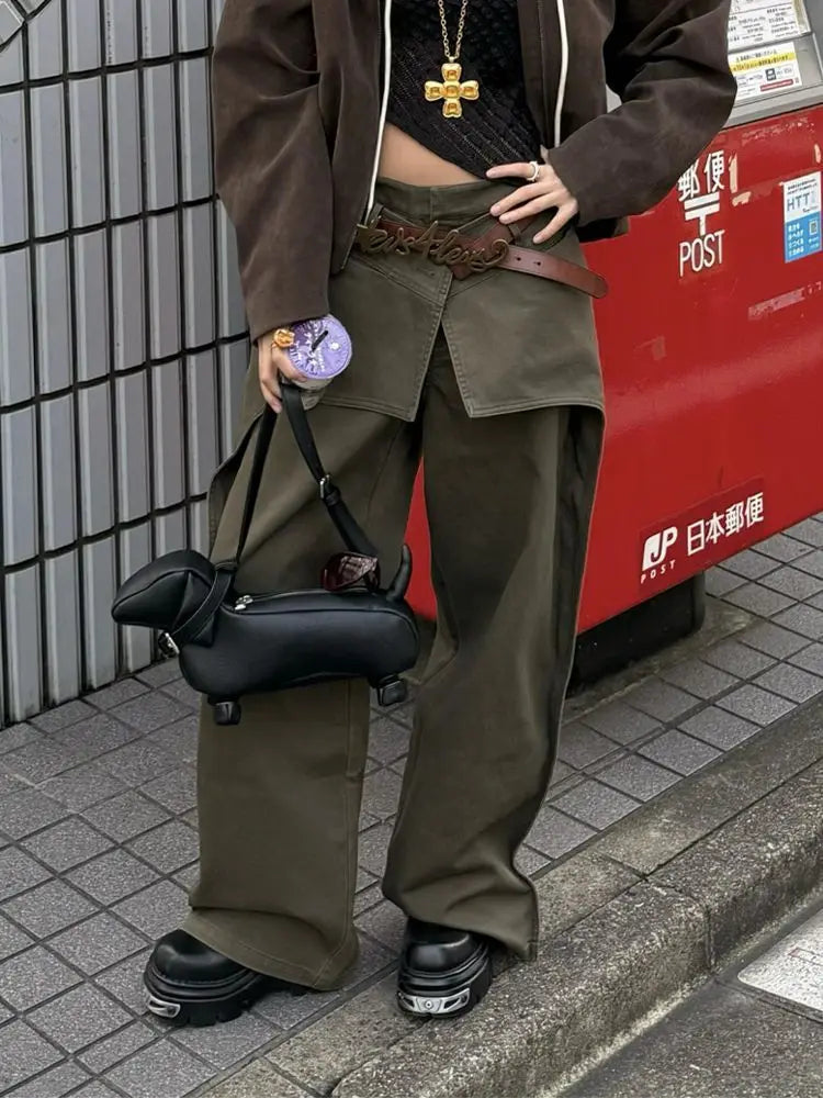 AIERTU  -  Design Sense Piece Splicing Jeans Children's Spring New Spice Girls Retro Old Washed Army Green Floor Pants Aiertu